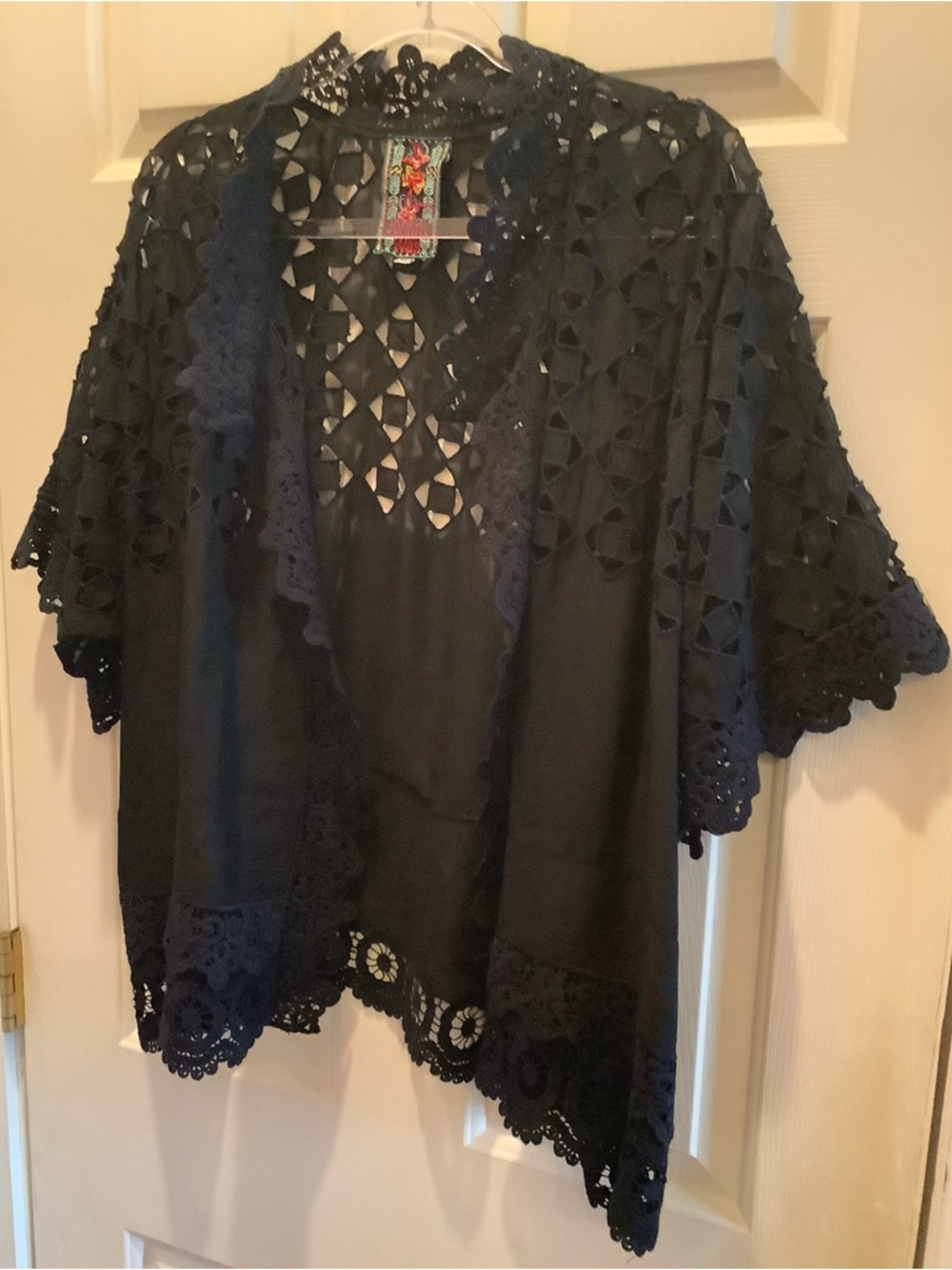 Johnny Was Black Lace and Eyelet Short Sleeve Jacket, Size XL, Vintage